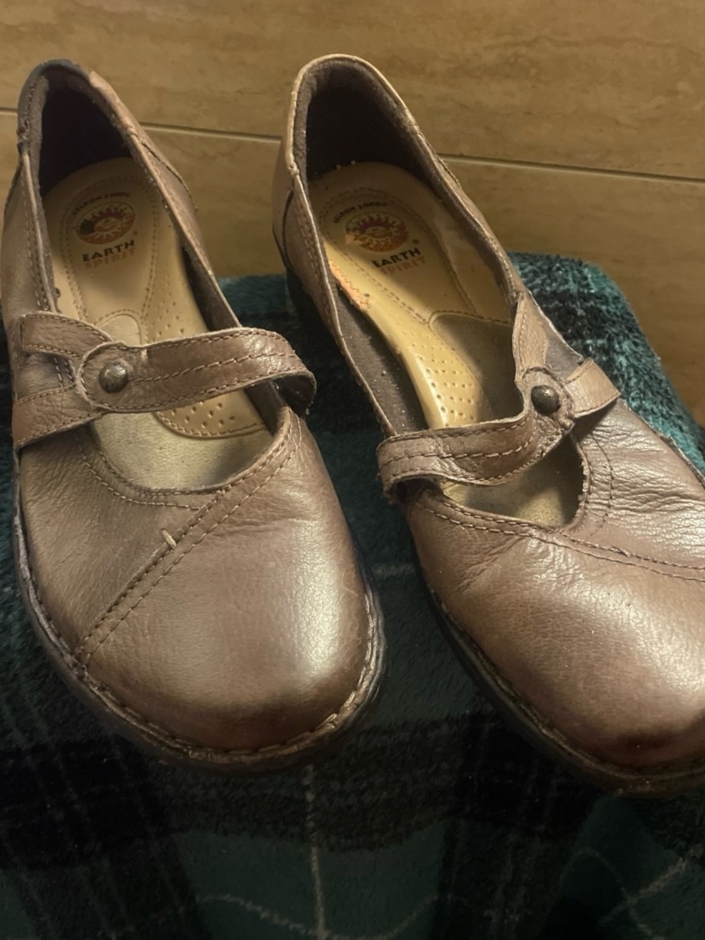 Earth Origins Chocolate Brown Leather Mary Jane Flats with Button Strap
